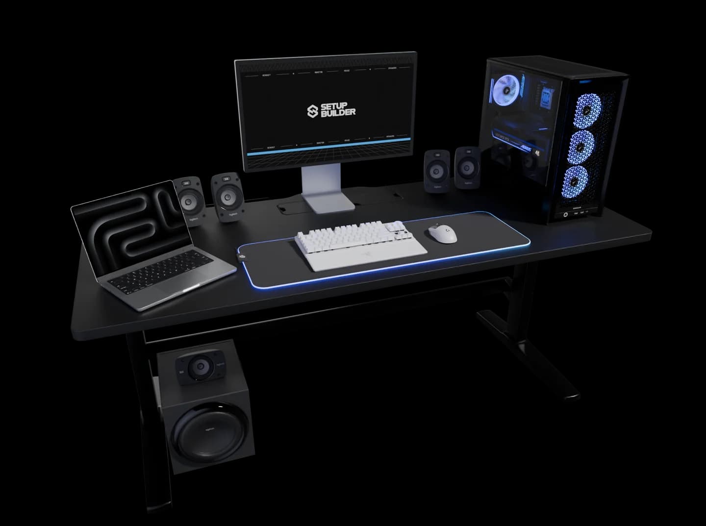 Desk setup with a monitor, keyboard, mouse, speakers, laptop, and blue-lit PC in Setup Builder